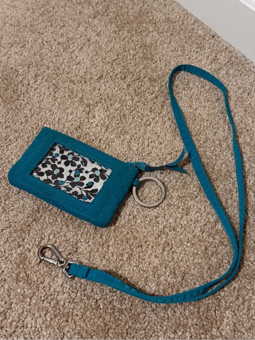 Vera Bradley Teal Quilted Lanyard ID Holder with Key Ring